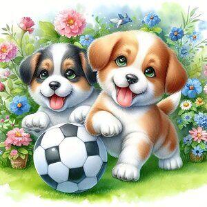 2D DIY Animal Series, Two Puppies Playing Football Pattern - NEW